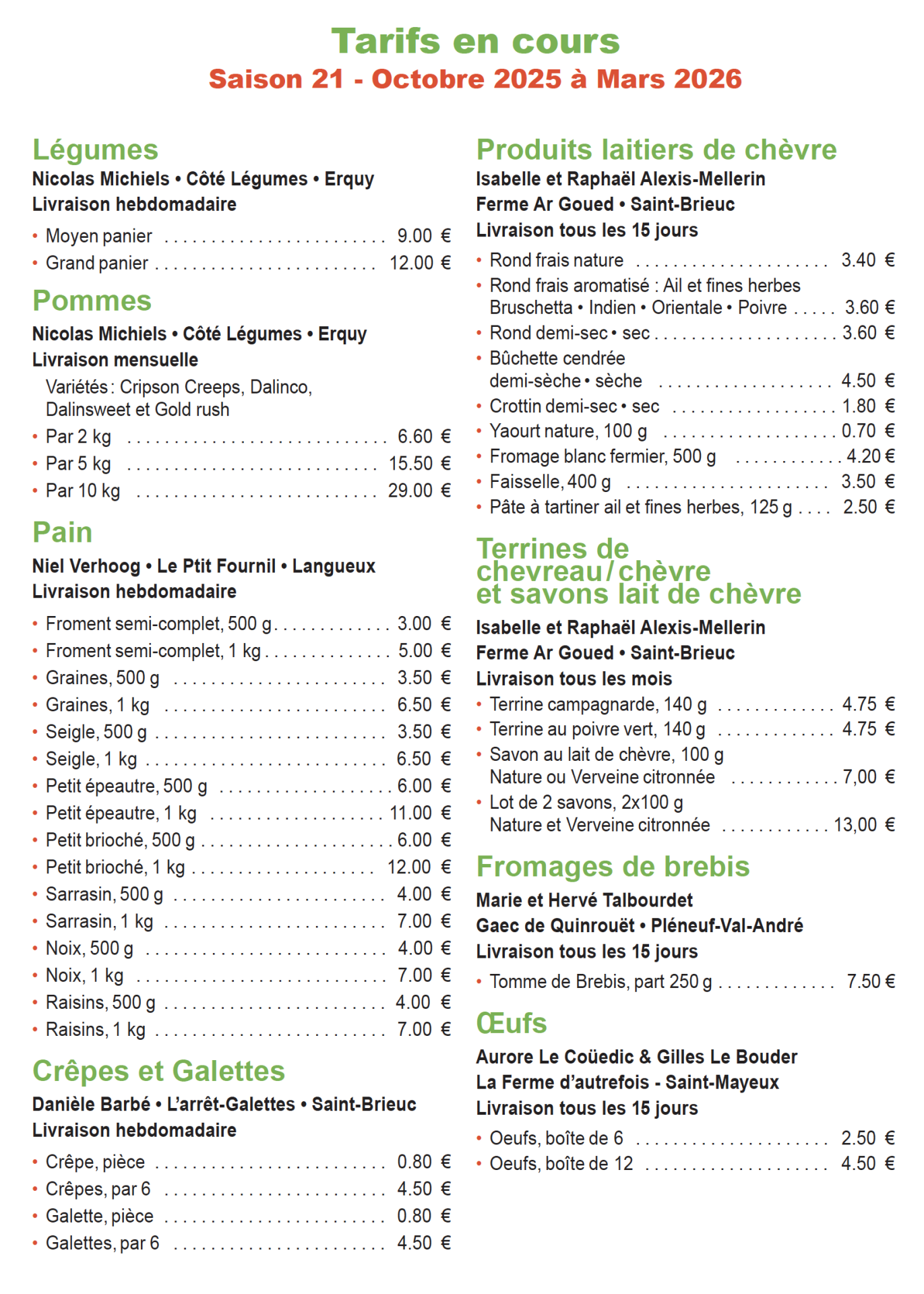 La cessonnette tarifs produits saison 21
